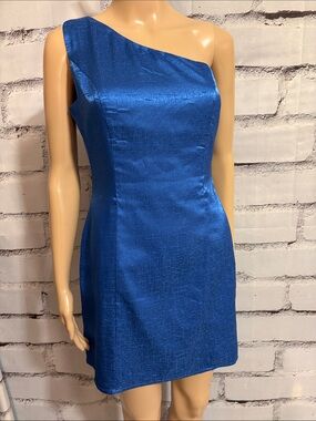 Gorgeous NWOT Lulus Lisette Cobalt Blue Satin One-Shoulder Mini Dress SZ Small